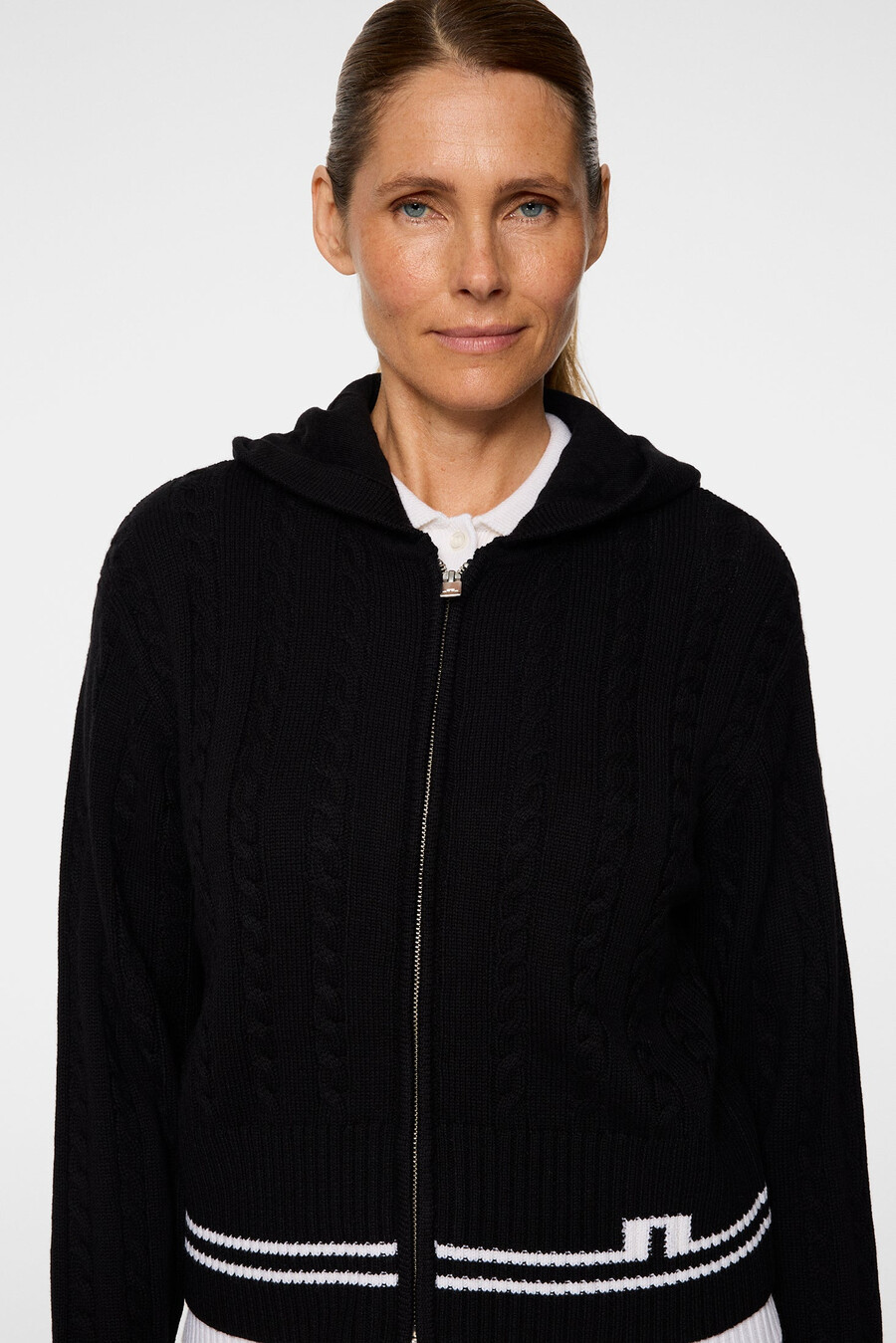camilla cable knit wool hood